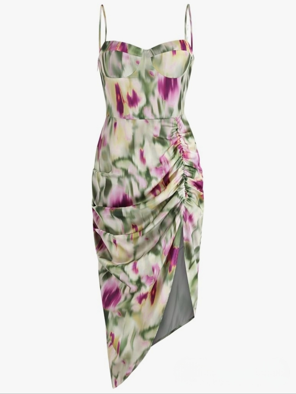 Floral Satin Ruched Midi Dress